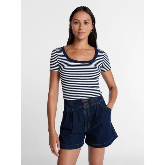 Time and Tru Women's Ribbed Scoop Neck Tee with Short Sleeves, Sizes XS-XXXL | Walmart (US)