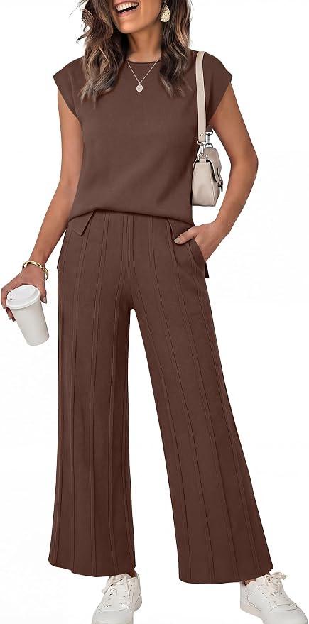 ANRABESS Two Piece Sets for Women Lounge Airport Fall Outfits | Cap Sleeve Sweater Top & Pleated ... | Amazon (US)