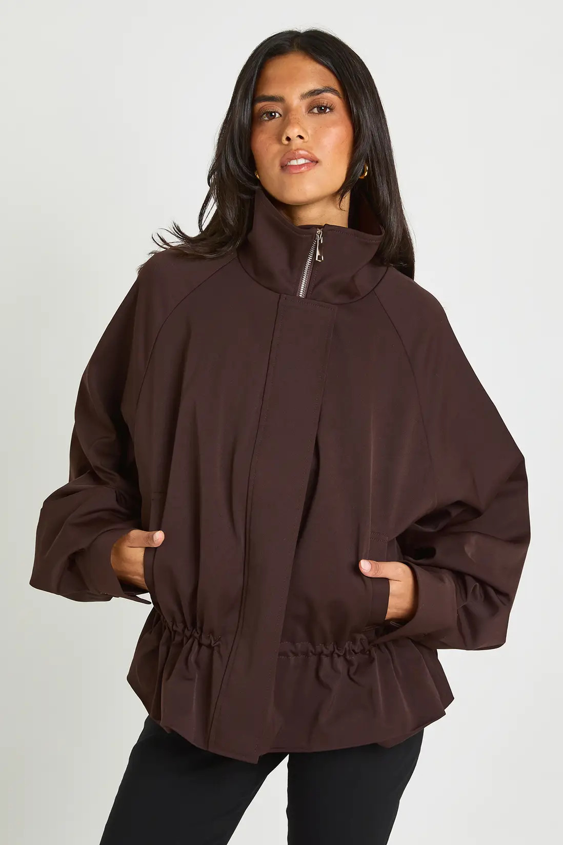 Chocolate Cinched Waist Funnel Neck Jacket | Boohoo | Boohoo.com (UK & IE)