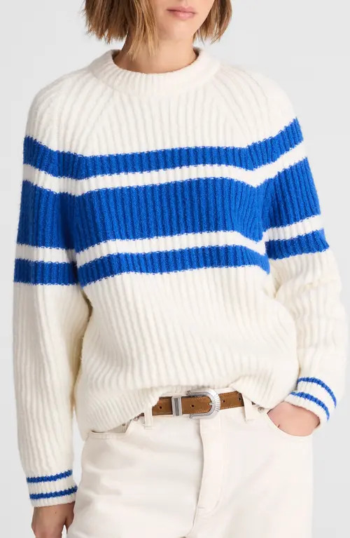 Madewell Stripe Raglan Sleeve Sweater in Ivory And Blue Apres Stripe at Nordstrom, Size Large | Nordstrom