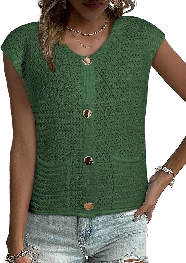 EVALESS Casual Cropped Crochet Cardigan Sweaters for Women Trendy Summer V Neck Sleeveless Sweate... | Amazon (US)