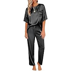 Ekouaer Womens Satin Silky Pajama Set Short Sleeve Shirt with Long Pajama Pant Set Soft PJ Lounge... | Amazon (US)