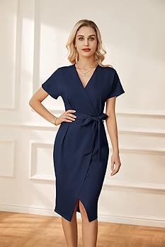 GRACE KARIN Women's Short Sleeve V Neck Business Dress Tie Waist Faux Wrap Slit Cocktail Party Dr... | Amazon (US)