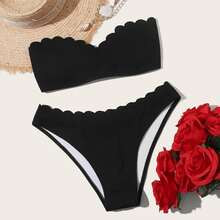 Textured Scallop Trim Bandeau Bikini Swimsuit | SHEIN