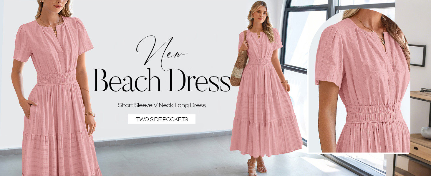 BTFBM Womens Summer 2026 Casual Midi Maxi Dresses Lightweight Short Sleeve V Neck Elastic Waist B... | Amazon (US)