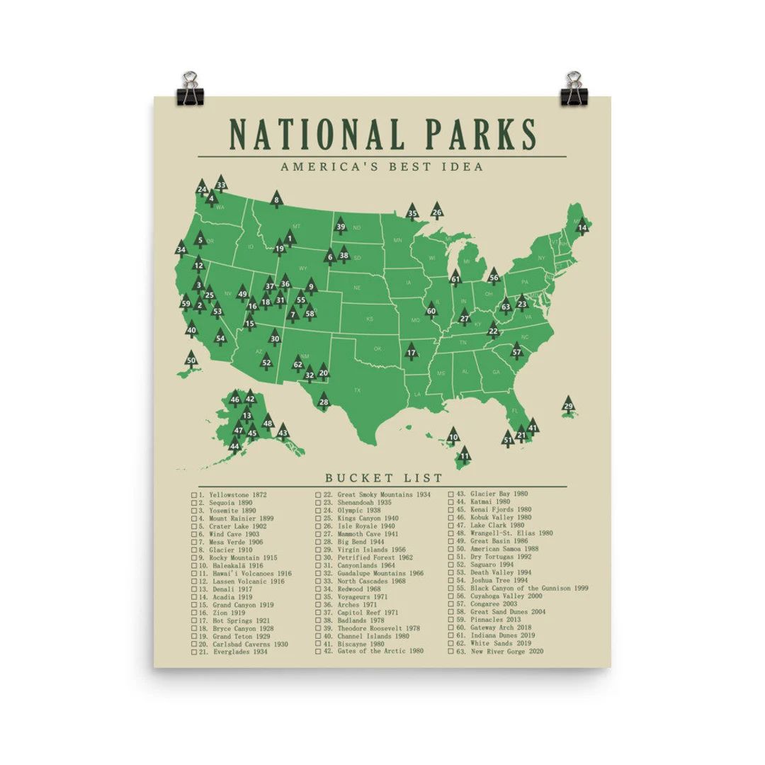 National Park Map Checklist Poster All 63 Parks Map Art - Etsy | Etsy (US)