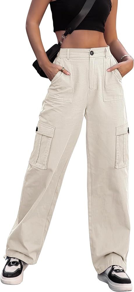 ZMPSIISA Women High Waisted Cargo Pants Wide Leg Casual Pants 6 Pockets Combat Military Trousers | Amazon (US)