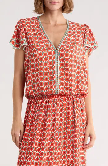MAX STUDIO Floral Flutter Sleeve Bubble Hem Top | Nordstromrack | Nordstrom Rack