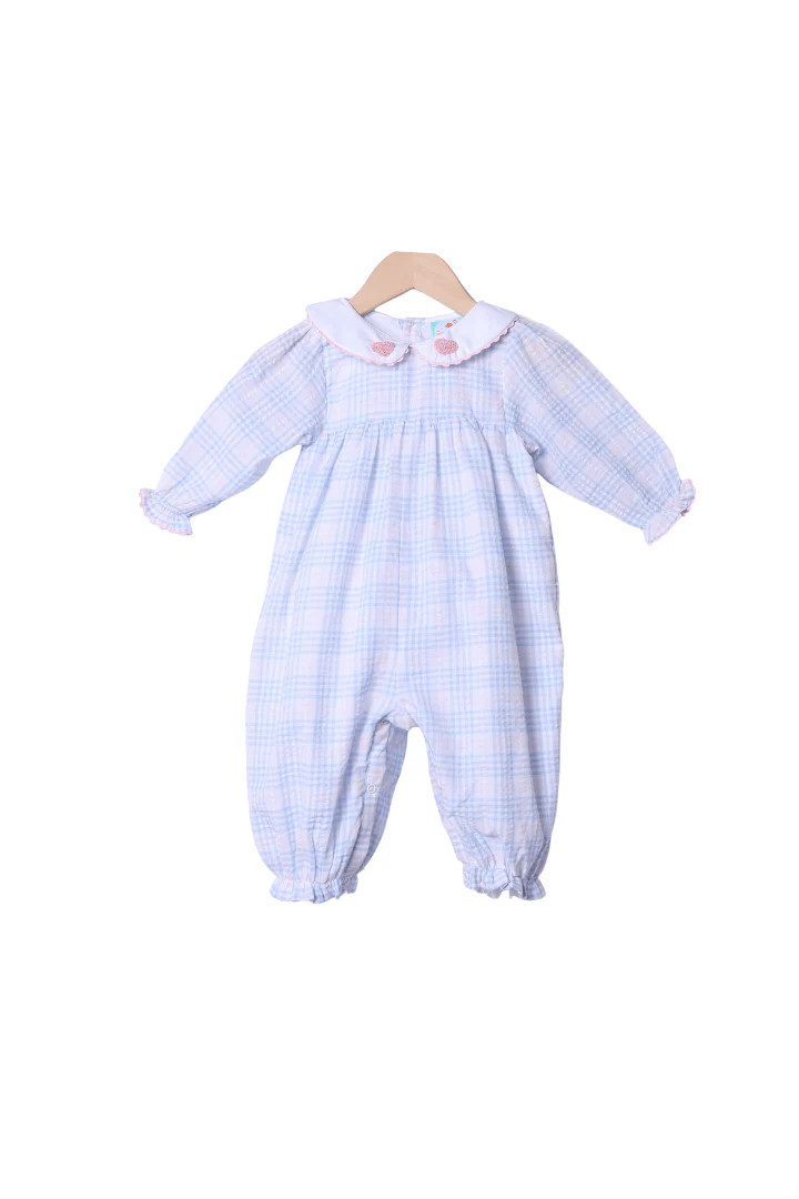 French Knot Heart Pink/Blue Seersucker Plaid Romper | The Smocked Flamingo