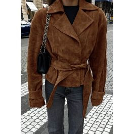 Structured Notch Lapel Belt Faux Suede Jacket | Chicwish