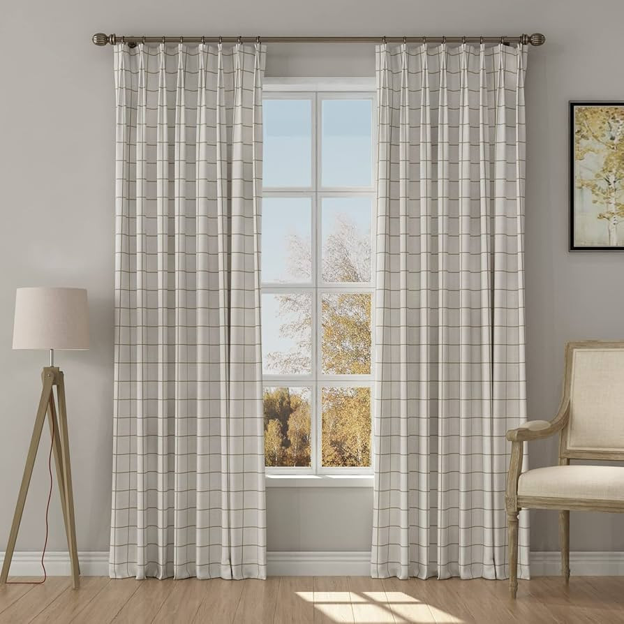 TWOPAGES Stefana Silber x Pinch Pleat Drapery, Plain Pattern White Beige Print Linen Curtain Pane... | Amazon (US)
