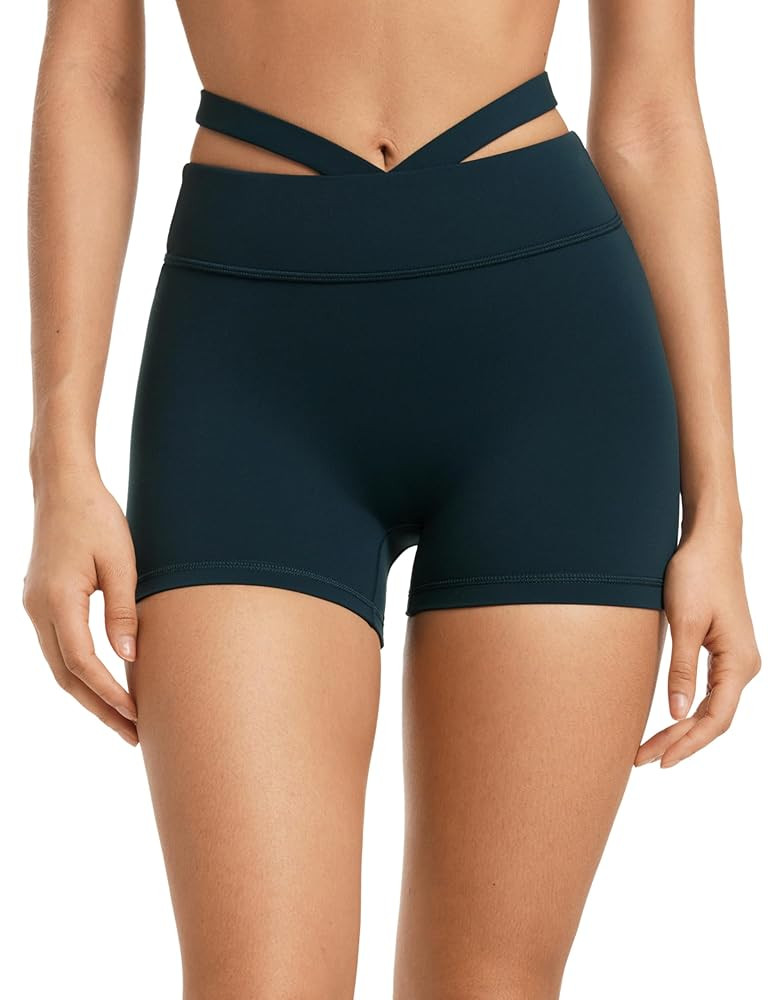 Womens Biker Shorts 4 Inches High Waisted No Front Seam Hollow Belt Running Workout Yoga Shorts | Amazon (US)