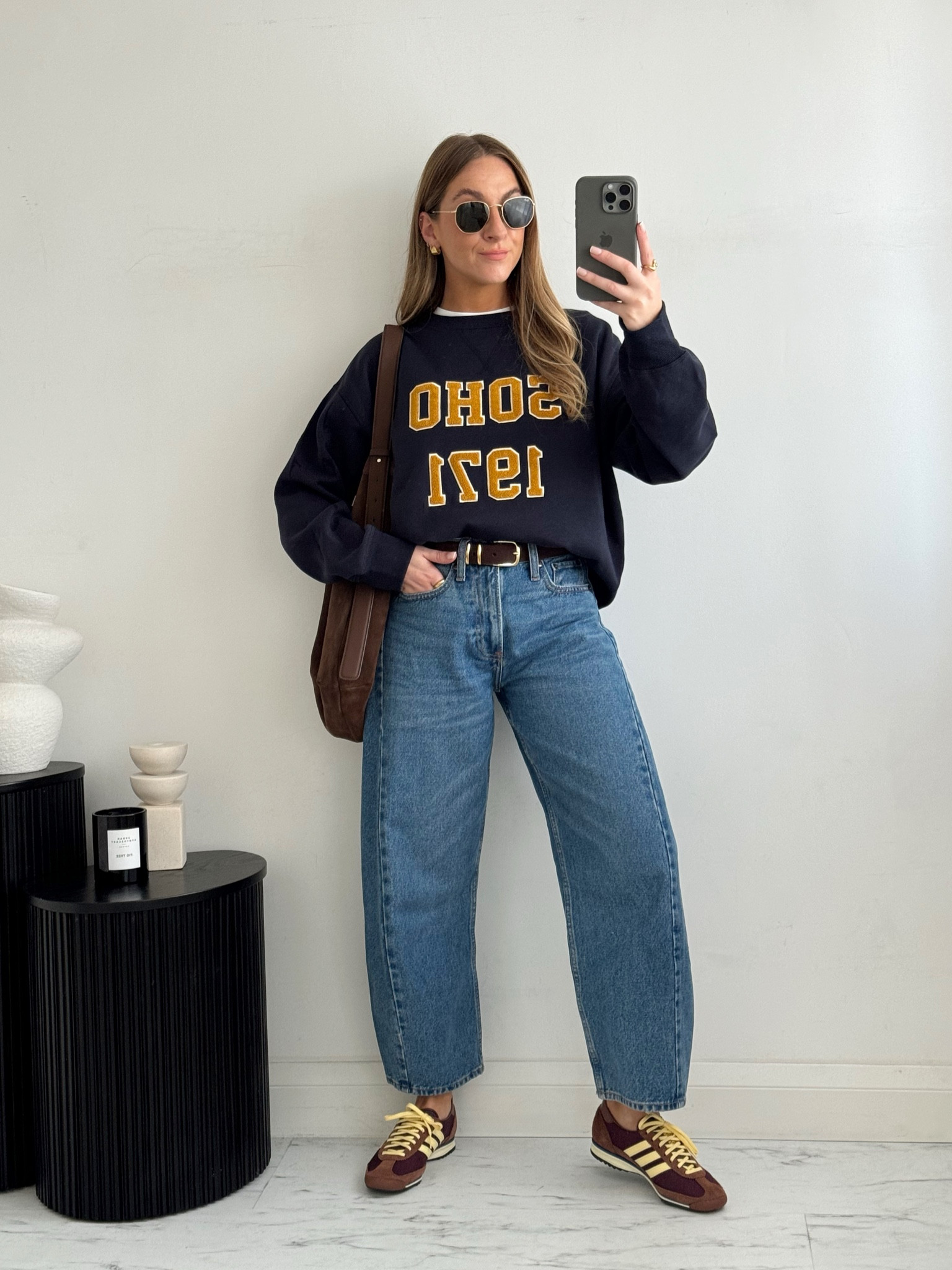 Casual transitional outfit

Sweatshirt: size small
Barrel Jeans: 24 short 
Belt: XXS/XS

#LTKstyletip #LTKautumn