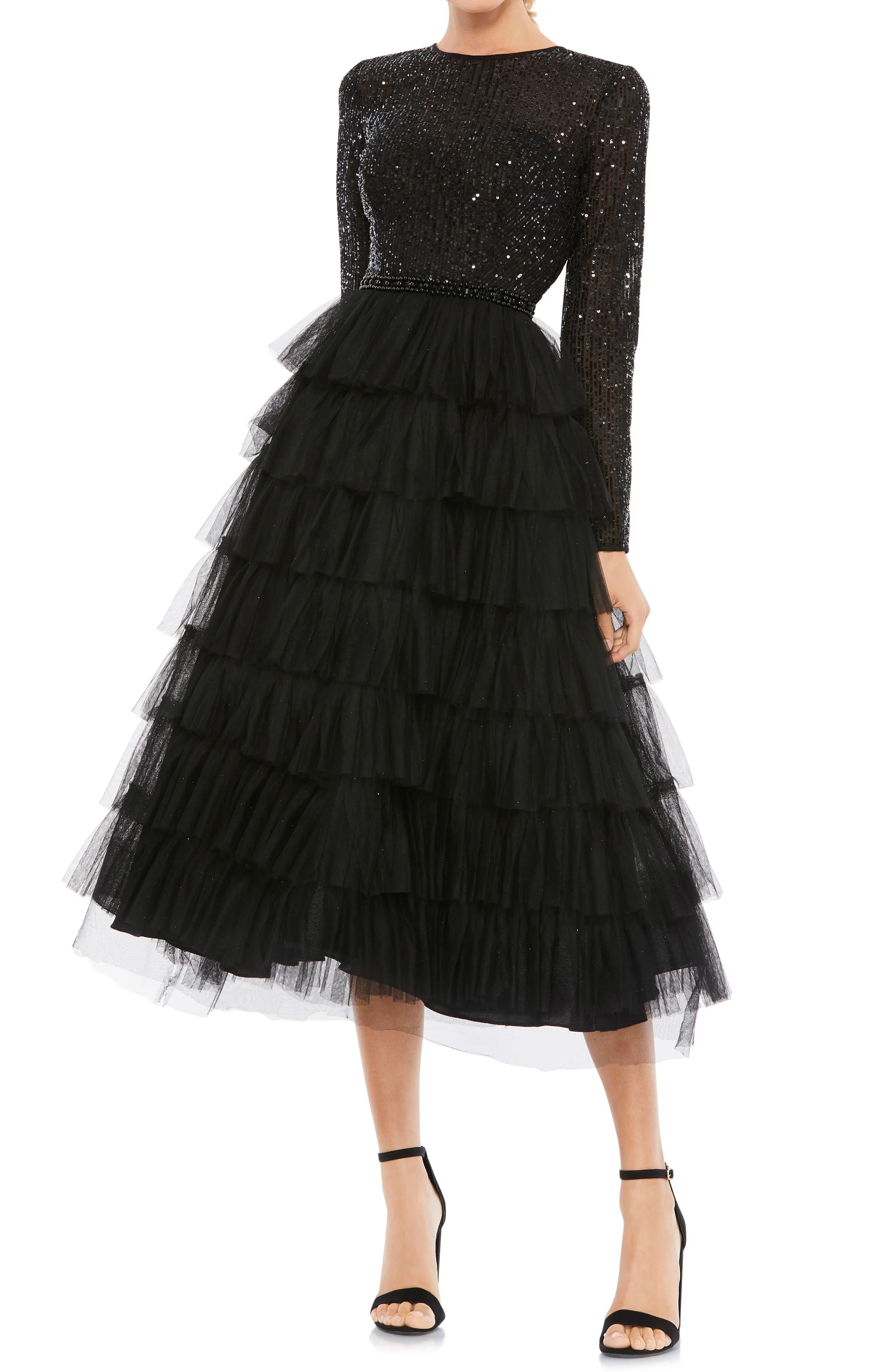 Mac Duggal Sequin Tiered Long Sleeve Tulle Dress in Black at Nordstrom, Size 10 | Nordstrom