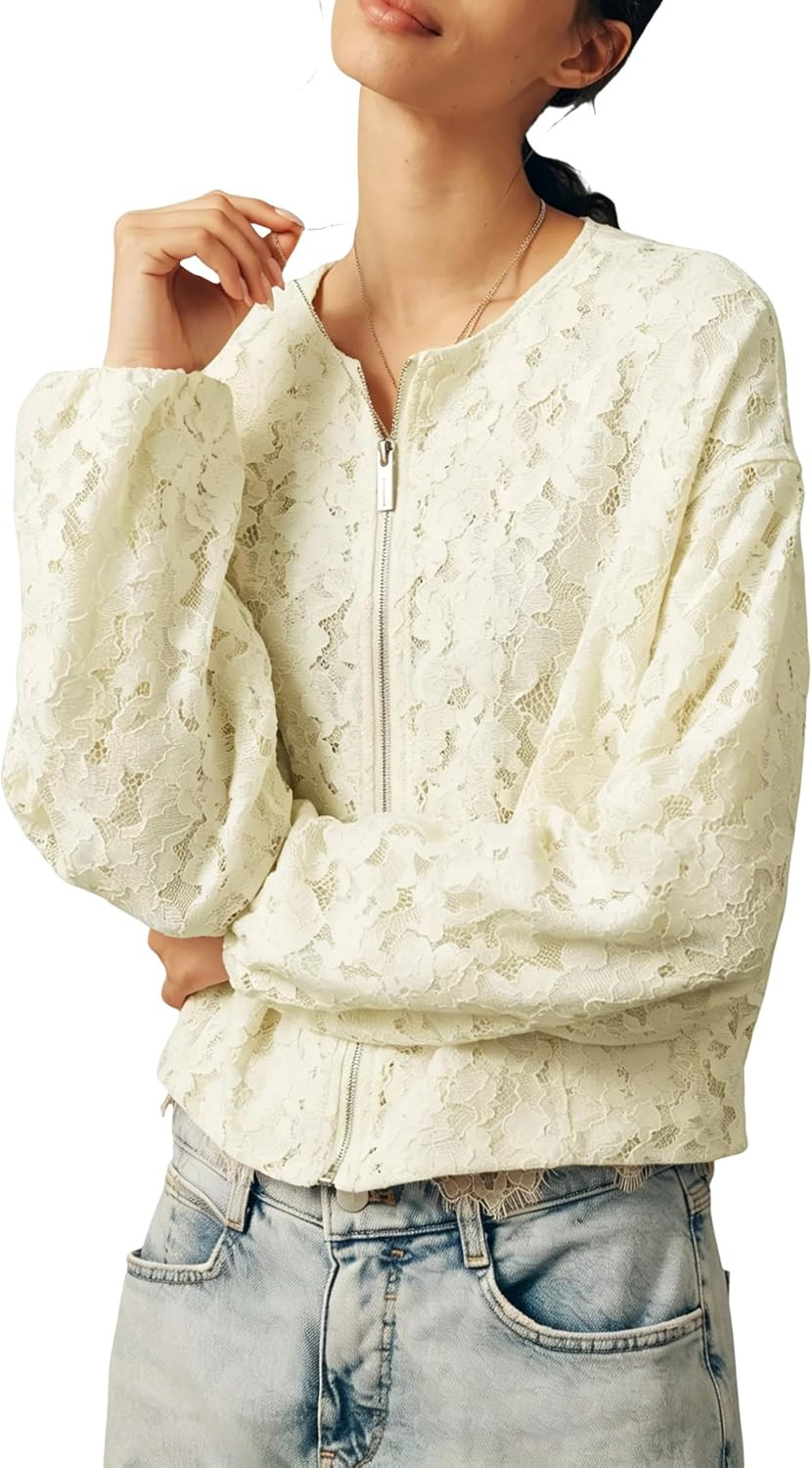 Women Lace Crop Jacket Floral Long Sleeve Zip Coat | Amazon (US)