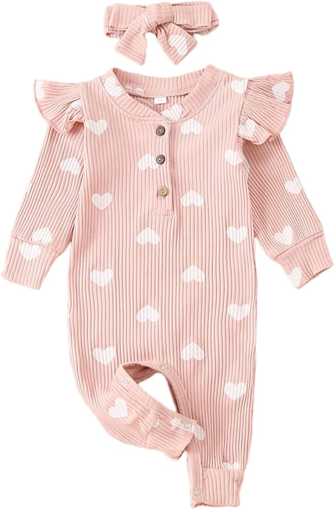 My First Valentine's Day Baby Girl Romper Newborn Long Sleeve Heart Print Knitted Button Down Jum... | Amazon (US)