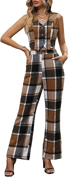 WDIRARA Women's 2 Piece Outfits Button Front Waistcoat Sleeveless V Neck Vest Jacket and Pants | Amazon (US)