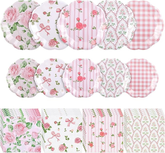 150 Pcs Floral Plates and Napkins, Pink and White Floral Tea Party Supplies Include Pink Floral G... | Amazon (US)