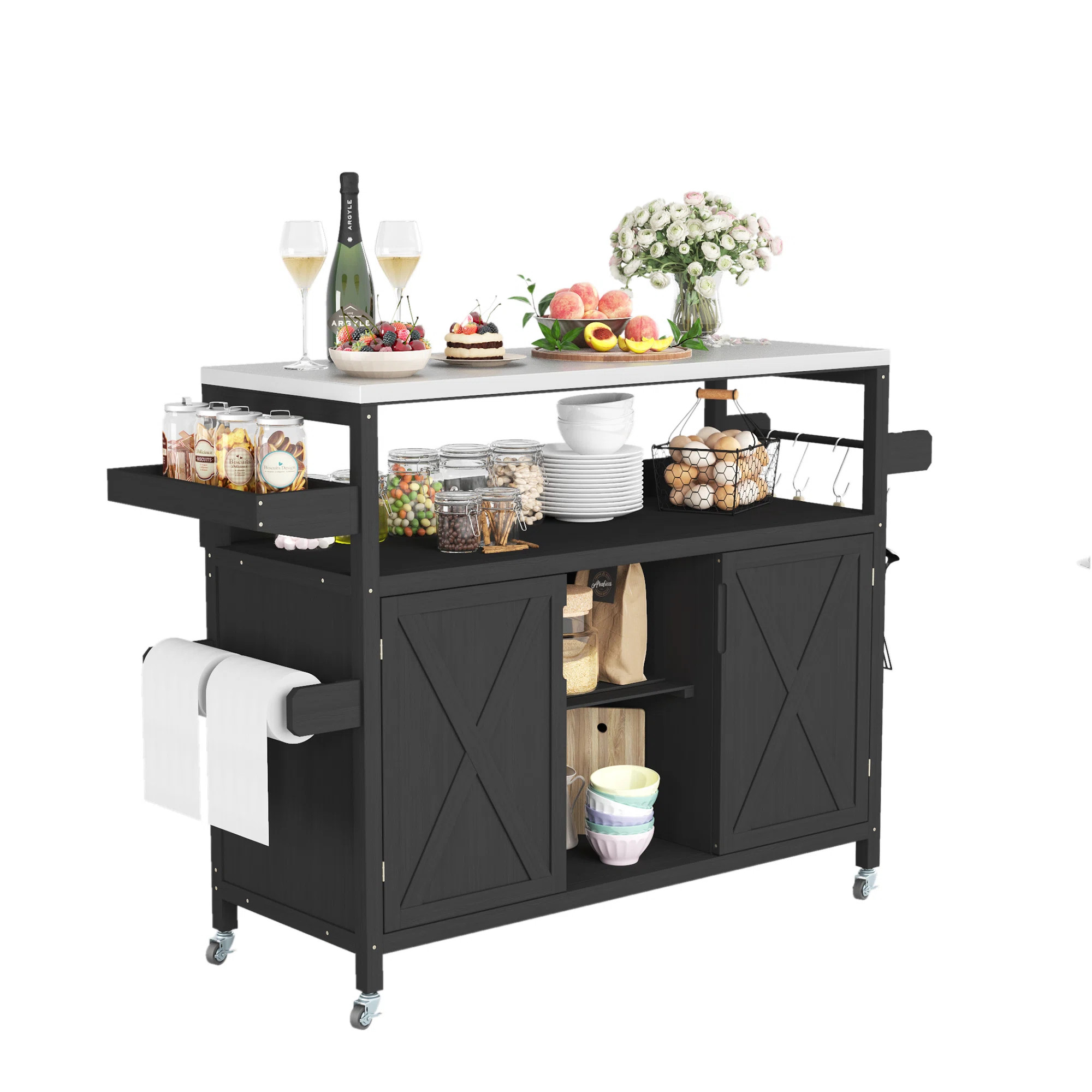 LUBMIA 50'' Outdoor Solid Wood Kitchen Island Cart, Rolling Bar Cart, Grill Cart, Farmhouse Outdo... | Wayfair North America