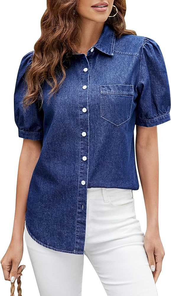 BMJL Womens Denim Shirt Business Casual Button Down Work Blouses Puff Sleeve Summer Tops | Amazon (US)