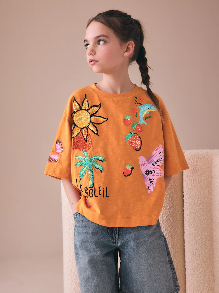 Buy Orange Soleil Embroidered Oversized Boxy T-Shirt (3-16yrs) from Next USA | Next US