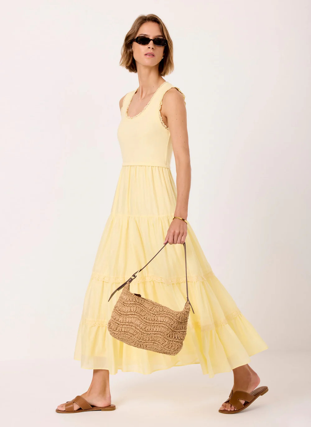 Yellow Crochet Trim Tiered Midi Dress | Mint Velvet