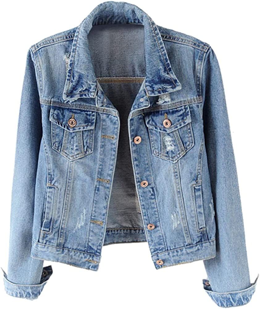 Womens Denim Jackets Distressed Ripped Long Sleeve Jean Jacket Coats | Amazon (US)