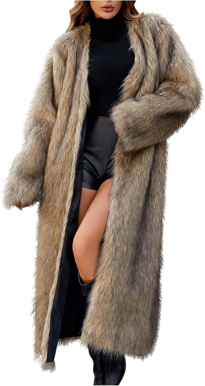 Long Faux Fur Coats for Women Open Front Cardigan Fuzzy Fleece Jacket Warm Winter Coats Fashion O... | Amazon (US)