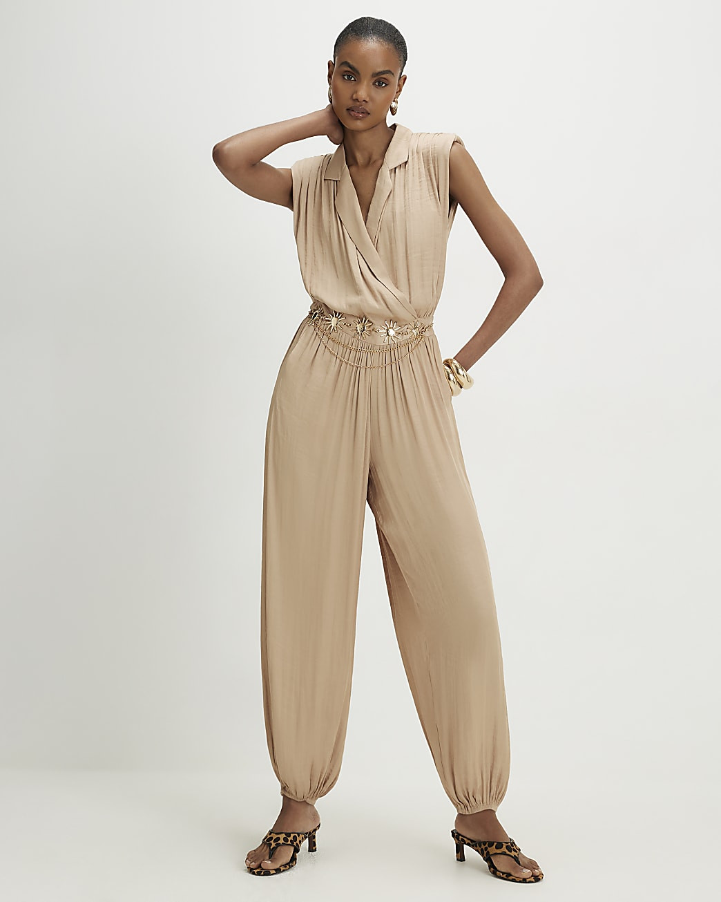 Beige Satin Shoulder Pad Balloon Leg Jumpsuit | River Island UK & IE