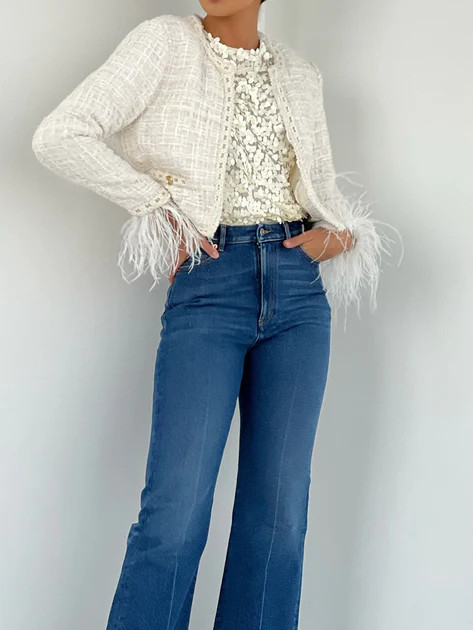 Freya Tweed & Braided Feather Trim Jacket | Cream | Vita Grace