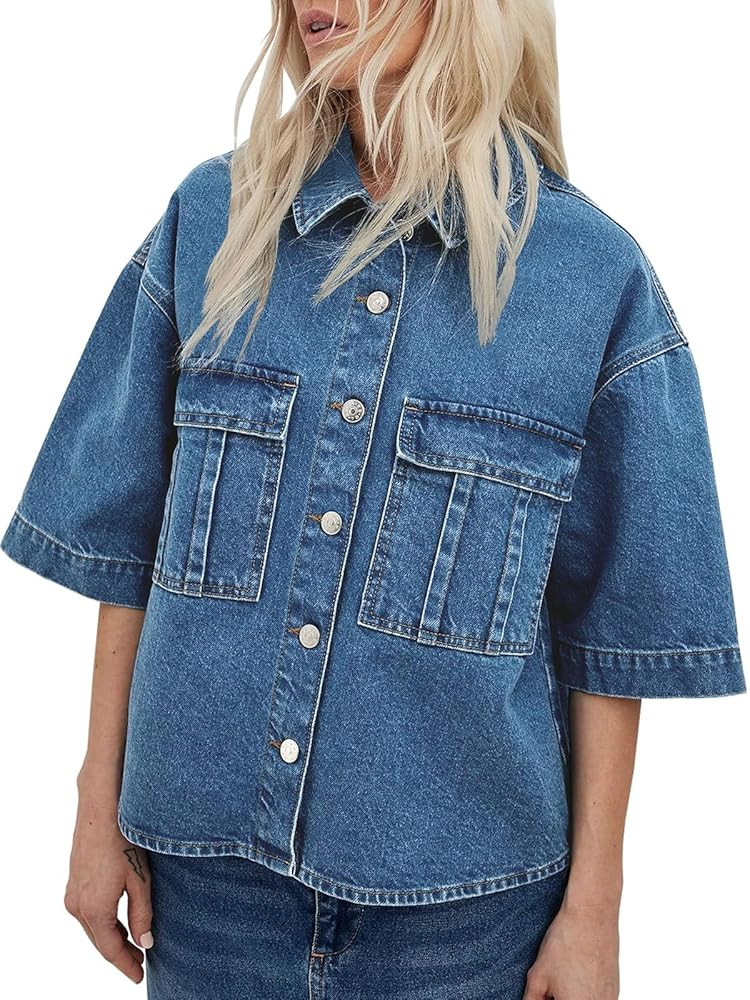 Imily Bela Womens Oversized Short Sleeve Denim Jackets Trendy Cropped Jean Tops Shackets | Amazon (US)