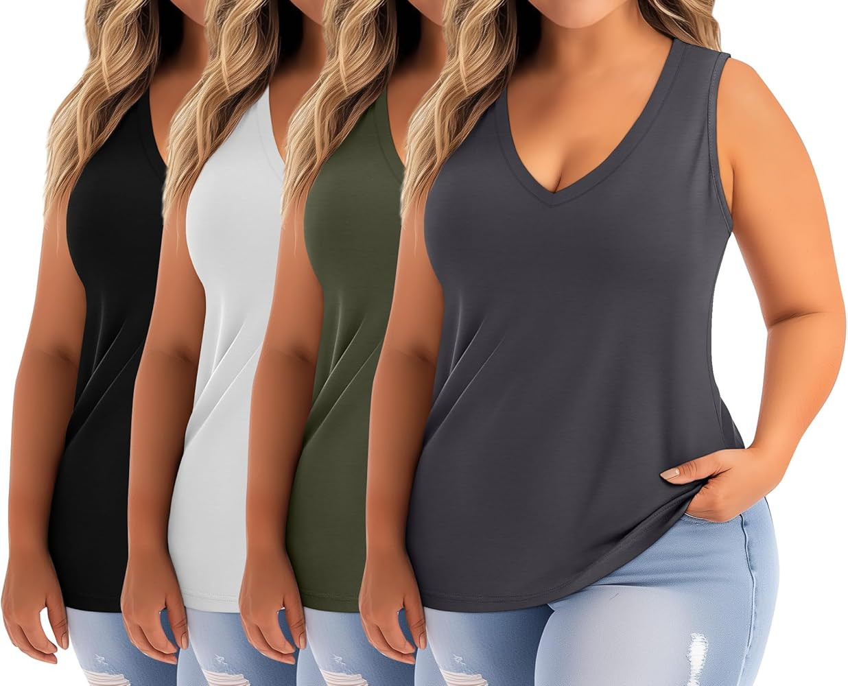 Ficerd 4 Pack Women's Plus Size Tank Tops, Casual V Neck Sleeveless Shirts Ladies Flowy Dressy Tu... | Amazon (US)