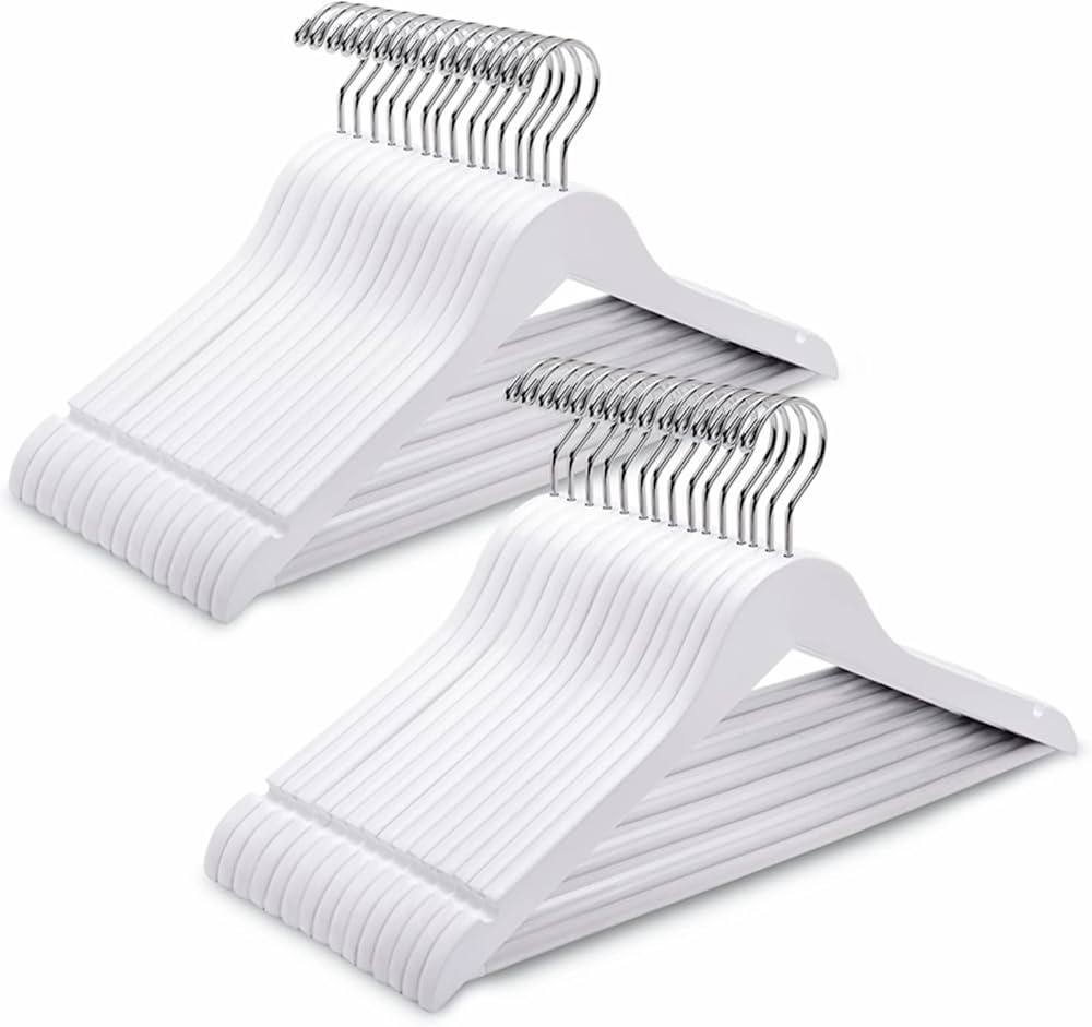 Amber Home White Wooden Hangers 30 Pack, White Wood Coat Hangers with Non Slip Pant Bar, Clothes ... | Amazon (US)
