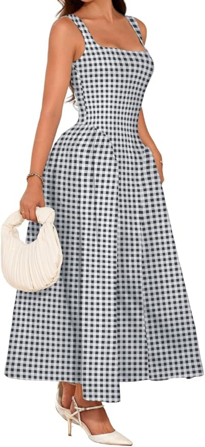 Plaid Maxi Dress, A-Line Drop-Waist, Wedding Guest Tea Party, Pastel Gingham Square Neck Flowy Se... | Amazon (US)