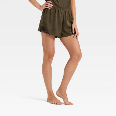 Women's Lace Trim Satin Pajama Shorts - Auden™ Olive Green XS | Target