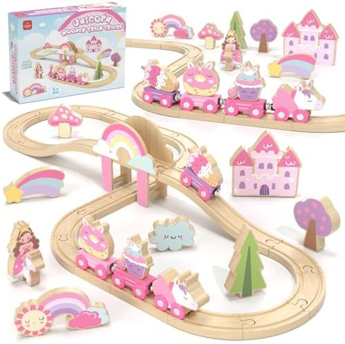 Lehoo Castle Wooden Train Set, Train Set for Toddlers 2-4, Wooden Train Track for Girls, Unicorn ... | Amazon (US)