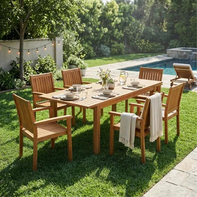 7 Pieces Acacia Wood Outdoor Dining Sets, Modern 6 Chairs 1 Large Table,Dining Furniture Set For Lawn, Backyard, Garden Deck,Poolside | Wayfair North America