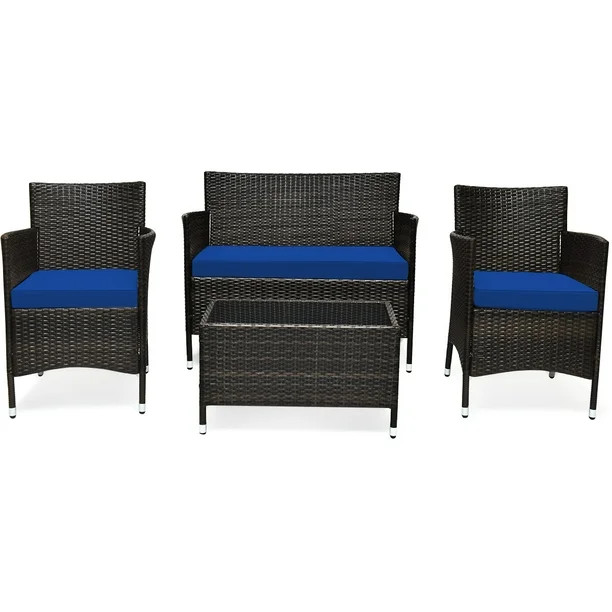 Patiojoy 4-Piece Patio Rattan Wicker Furniture Set Sofa Chair Table Set w/ Navy Cushions | Walmart (CA)