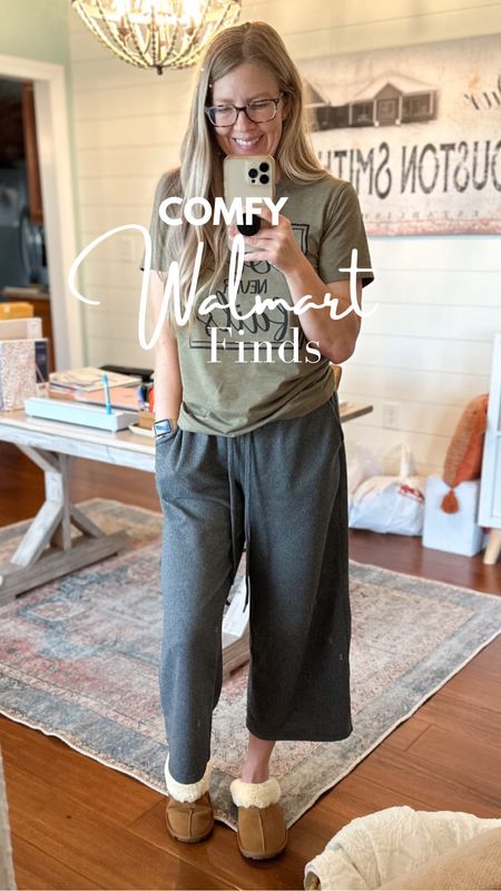 Some recent comfy Walmart finds! These wide leg pants are soooo soft and cozy. I’m 5’7” and in a small. And these cozy slippers are perfect for fall. I’m in my true size 7. #cozyfashion #comfystyle #momclothes

#LTKover40 #LTKVideo #LTKstyletip