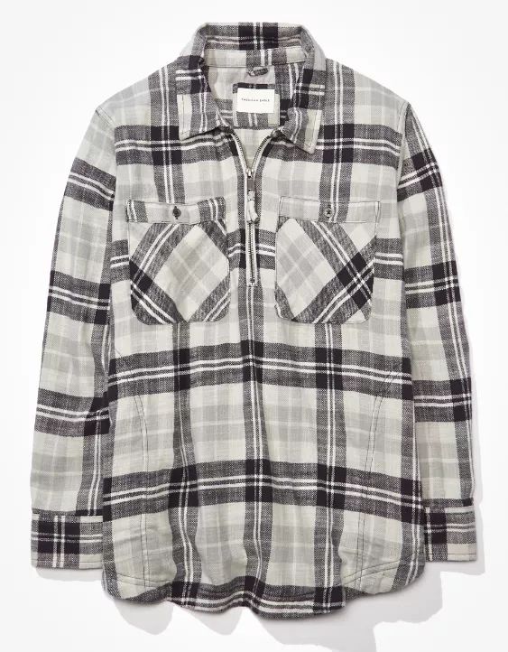 AE Oversized Quarter Zip Flannel Shirt | American Eagle Outfitters (US & CA)