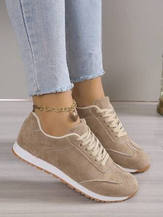 Ladies' Solid Color Outdoor Lace-up Comfortable Casual Sneakers | SHEIN