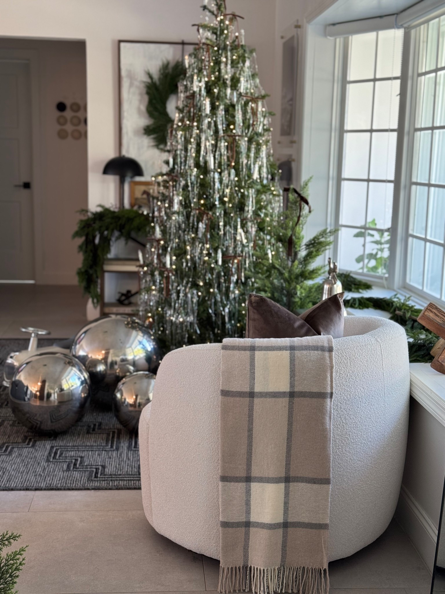 Traditional Ralph Lauren Christmas decor inspo - plaid throw blanket that ties  everything together! 🤎 

Tinsel Christmas tree 
Silver accents 

#LTKSeasonal #LTKHome #LTKHoliday