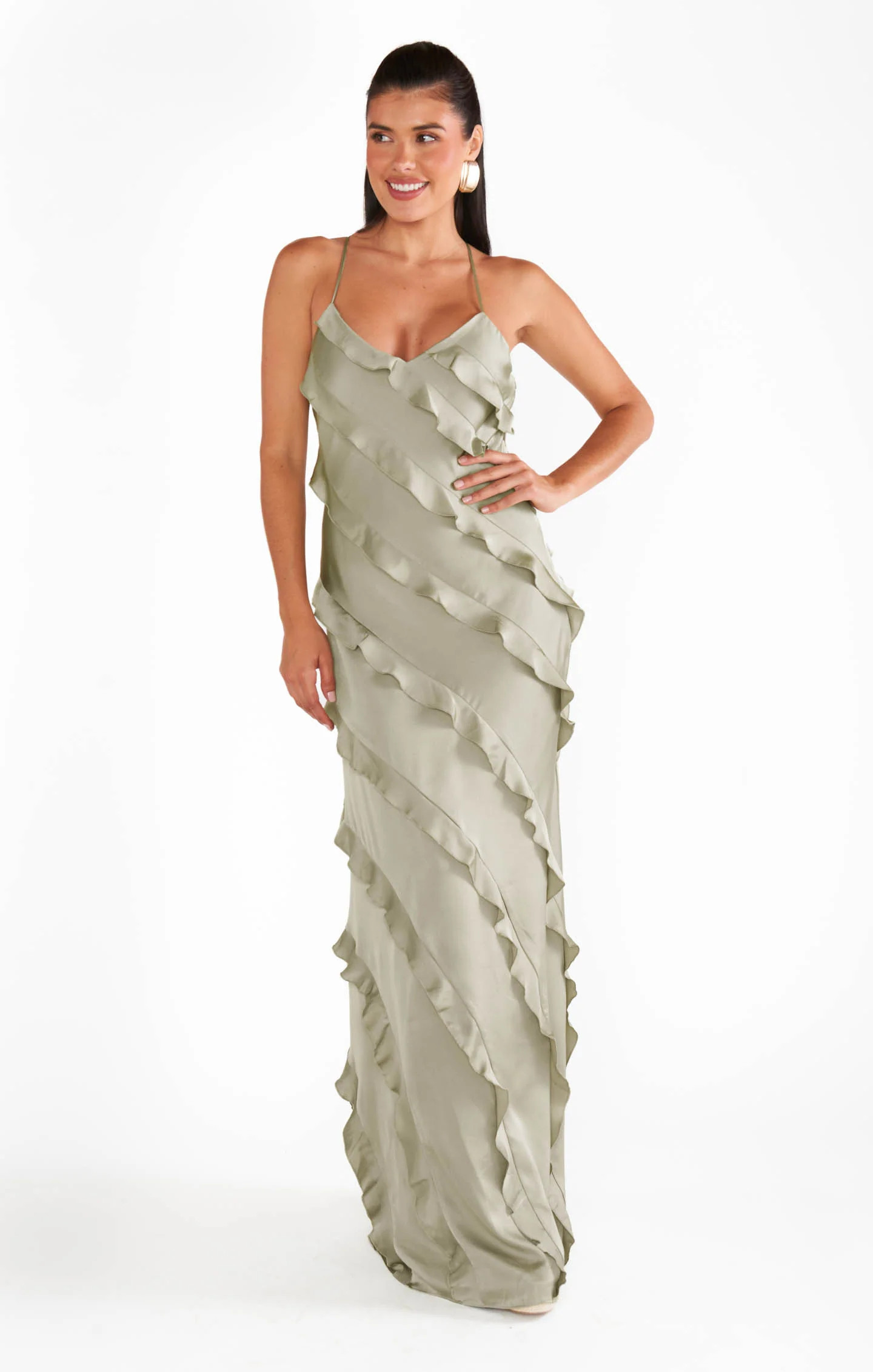 Romance Ruffle Dress ~ Moss Green Luxe Satin | Show Me Your Mumu