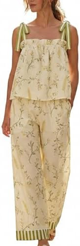 Women's Floral Print Pajama Set Bow-Trimmed Straps Tank Top and Wide-Leg Pants Soft Loungewear Sl... | Amazon (US)