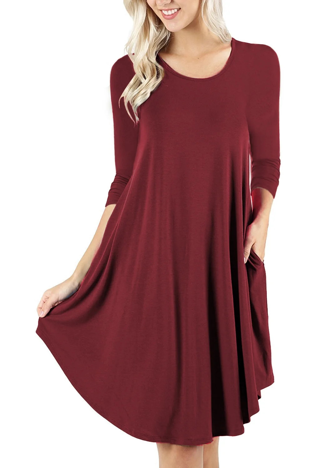 Mengpipi Women's T-Shirt Dresses Long Sleeve Plain Flowy Women Midi Dress with Pocket Red, XL | Walmart (US)