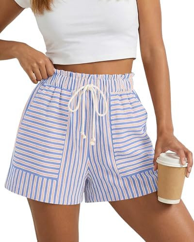 BTFBM Striped Summer Shorts for Women 2026 Loose Spring Casual Elastic Waist Lounge Resort Wear V... | Amazon (US)