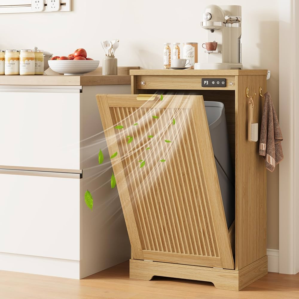 13 Gallons Tilt Out Trash Can Cabinet with Deodorising Function, Oak | Amazon (US)