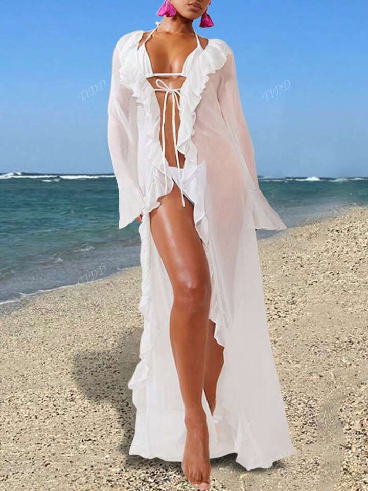 Women Elegant Solid Beach Cover Up,Sexy Long Sleeve Lace Trim Beach Bikini Cover Up Dress,Flowy Ruffled Hem | SHEIN