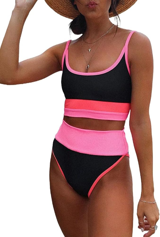 Sidefeel Women Striped Color Block Knit Ribbed High Waist Bikini Set 2 Piece Swimsuits | Amazon (US)