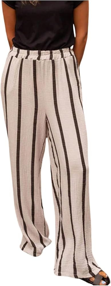 Women's Striped Wide Leg Palazzo Pants Elastic High Waisted Casual Long Trousers with Pockets | Amazon (US)